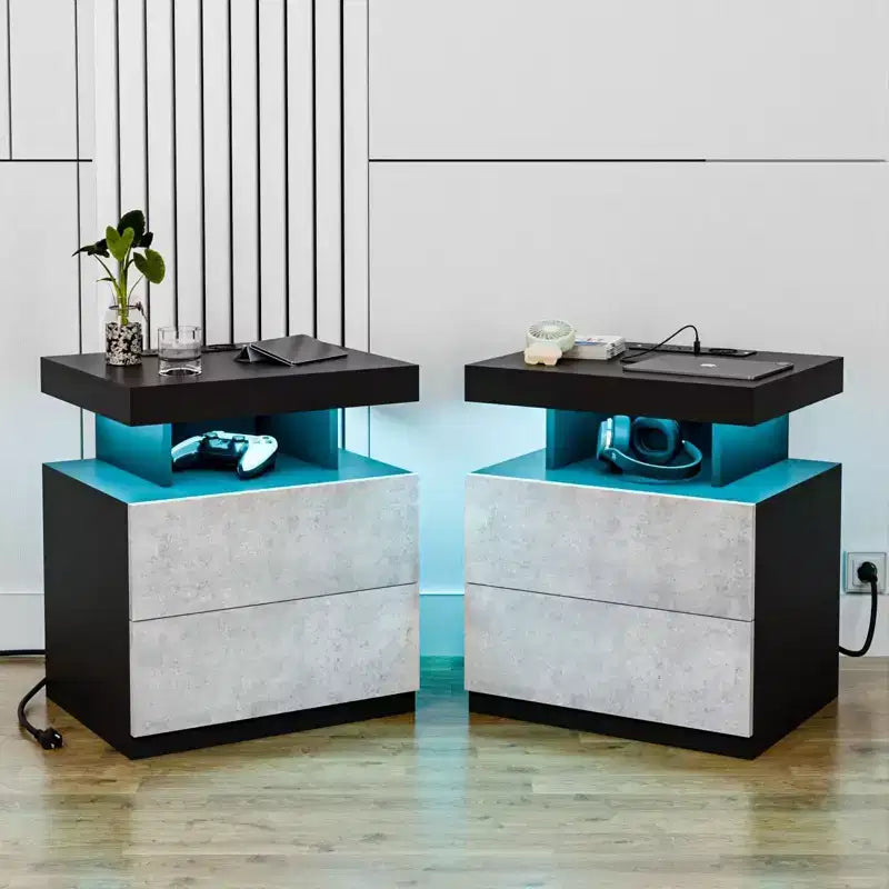 Hommpa Modern LED Nightstand with Wireless Charging Station & 2 Drawers