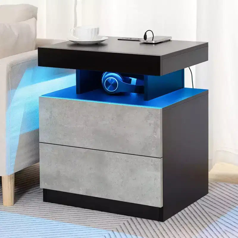 Hommpa Modern LED Nightstand with Wireless Charging Station & 2 Drawers
