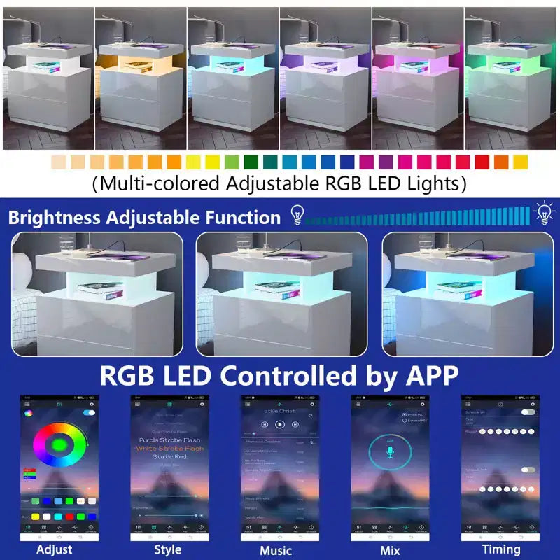 Hommpa Modern LED Nightstand with Wireless Charging Station & 2 Drawers