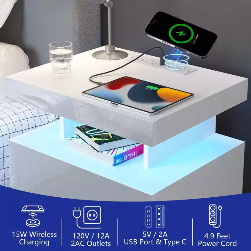 Hommpa Modern LED Nightstand with Wireless Charging Station & 2 Drawers