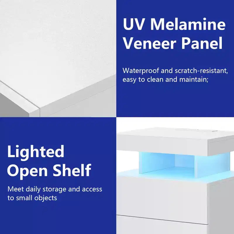 Hommpa Modern LED Nightstand with Wireless Charging Station & 2 Drawers
