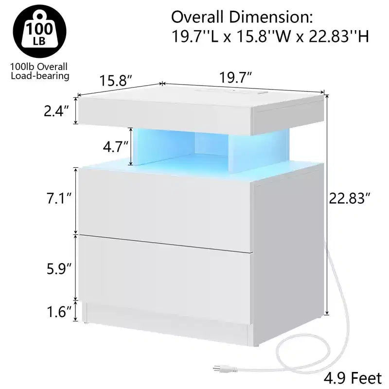 Hommpa Modern LED Nightstand with Wireless Charging Station & 2 Drawers