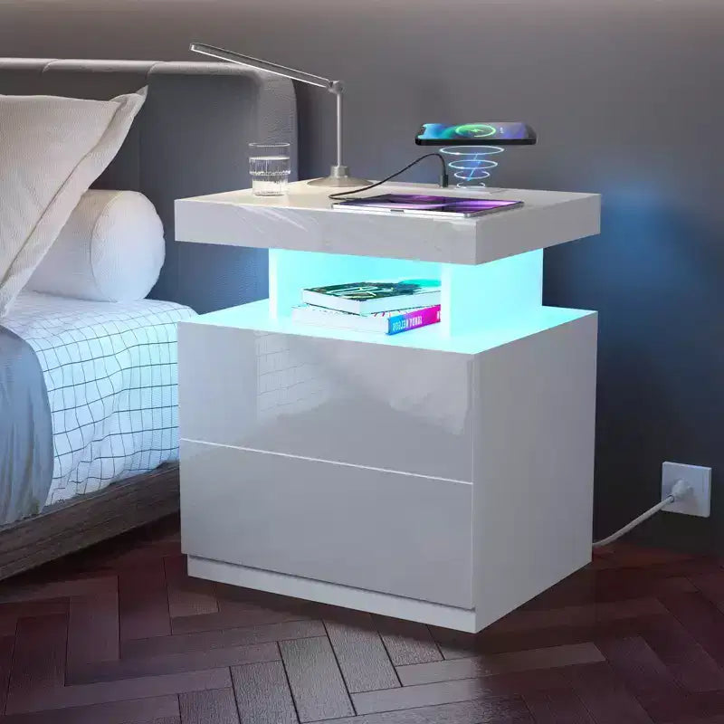 Hommpa Modern LED Nightstand with Wireless Charging Station & 2 Drawers