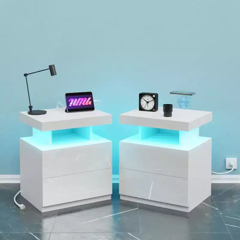 Hommpa Modern LED Nightstand with Wireless Charging Station & 2 Drawers