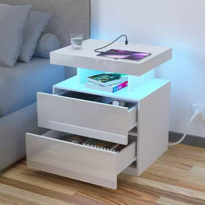 Hommpa Modern LED Nightstand with Wireless Charging Station & 2 Drawers