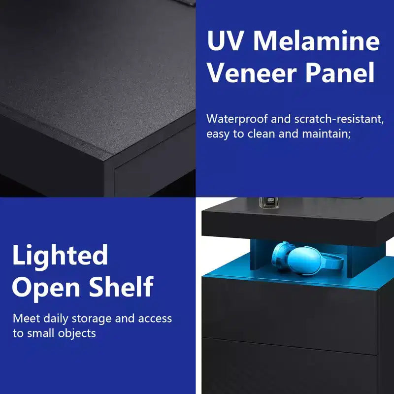 Hommpa Modern LED Nightstand with Wireless Charging Station & 2 Drawers