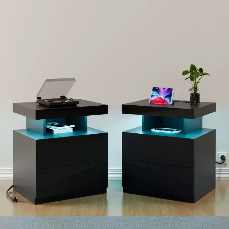 Hommpa Modern LED Nightstand with Wireless Charging Station & 2 Drawers