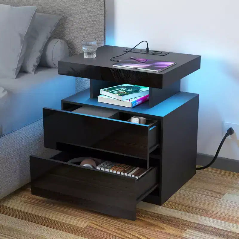 Hommpa Modern LED Nightstand with Wireless Charging Station & 2 Drawers