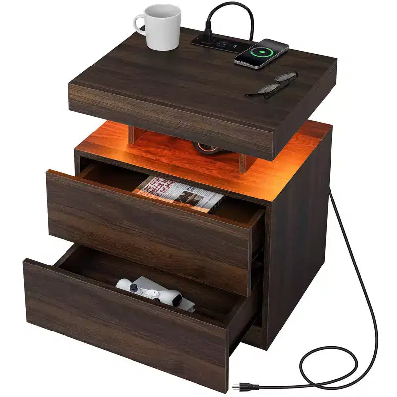 Hommpa Modern LED Nightstand with Wireless Charging Station & 2 Drawers