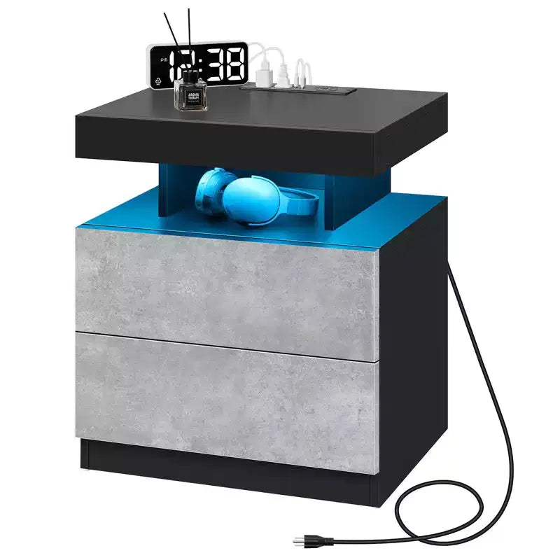 Hommpa Modern LED Nightstand with Wireless Charging Station & 2 Drawers