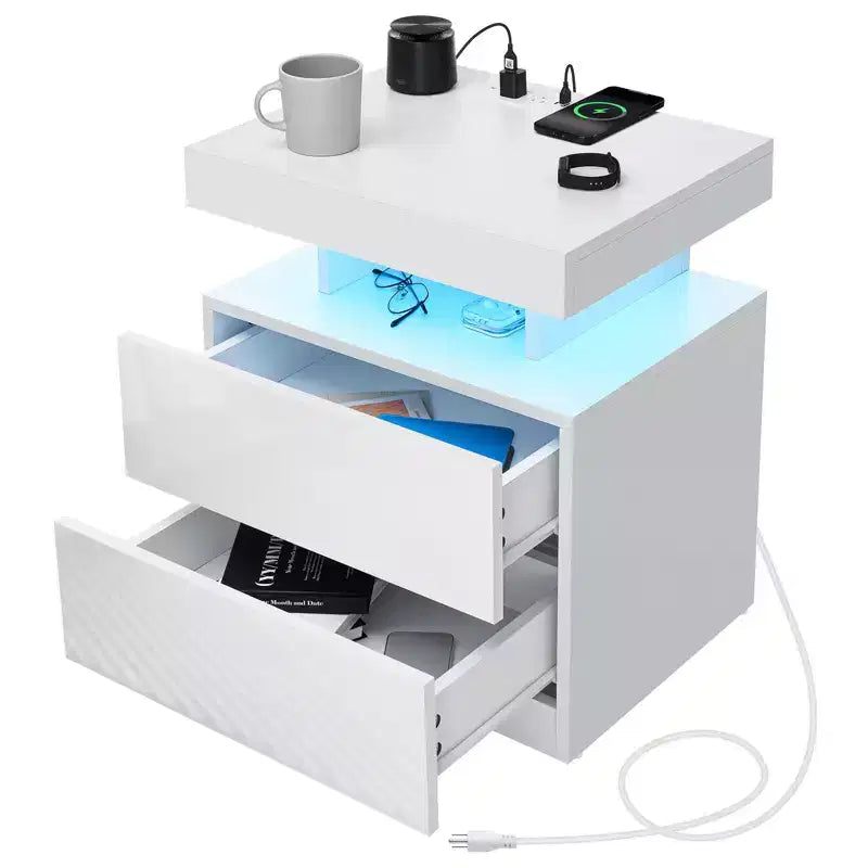Hommpa Modern LED Nightstand with Wireless Charging Station & 2 Drawers