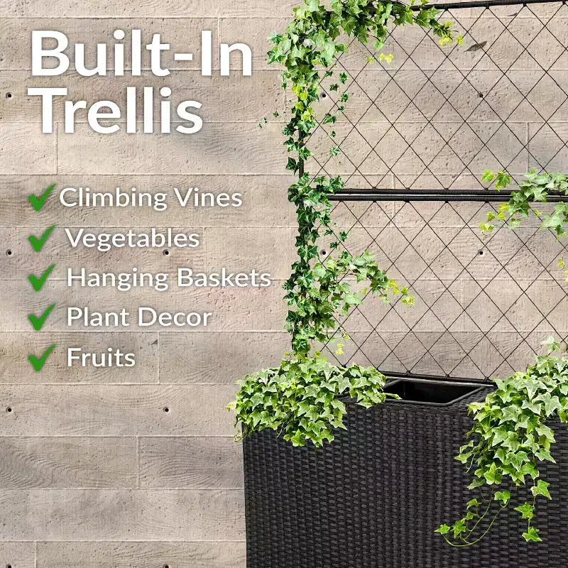 Sunnydaze 3-Section Wicker Planter Box with Trellis for Indoor or Outdoor Use - Black
