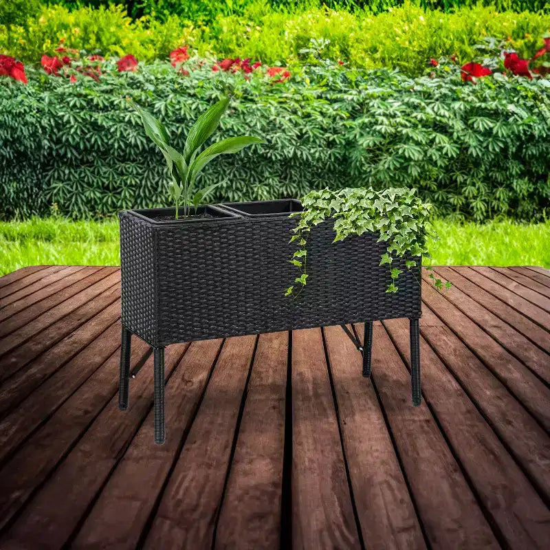Sunnydaze 3-Section Wicker Raised Planter Bed for Indoor or Outdoor Use - Black