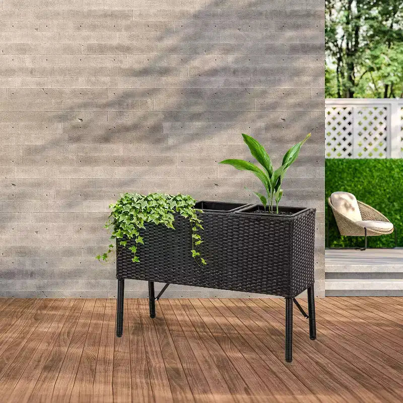Sunnydaze 3-Section Wicker Raised Planter Bed for Indoor or Outdoor Use - Black