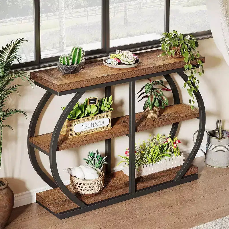 Lantine 41.3 Industrial 3-Tier Entryway Table with Arched Metal Frame and Storage Shelves