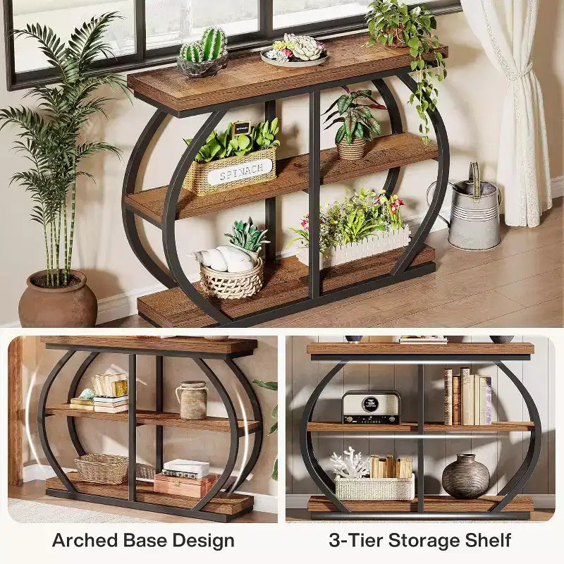 Lantine 41.3 Industrial 3-Tier Entryway Table with Arched Metal Frame and Storage Shelves
