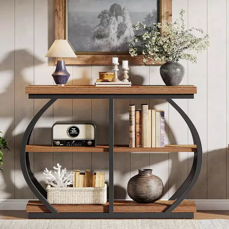 Lantine 41.3 Industrial 3-Tier Entryway Table with Arched Metal Frame and Storage Shelves