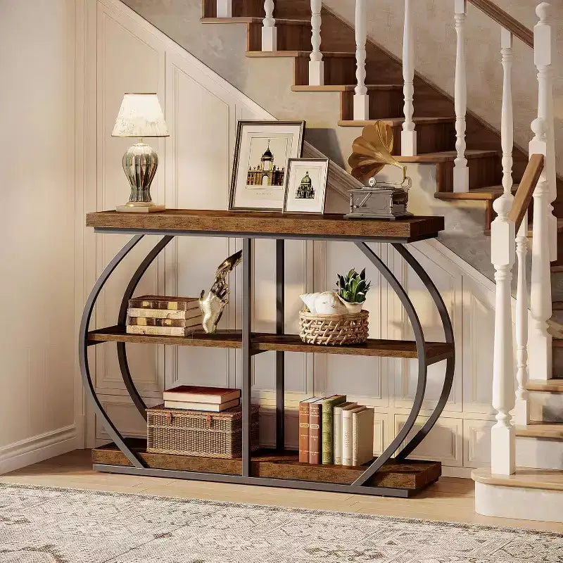 Lantine 41.3 Industrial 3-Tier Entryway Table with Arched Metal Frame and Storage Shelves