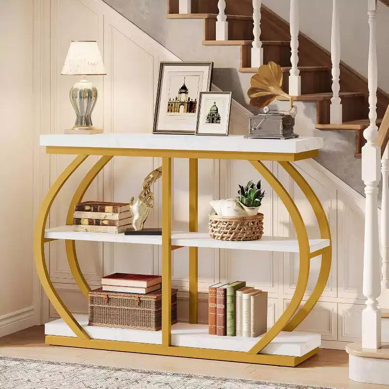 Lantine 41.3 Industrial 3-Tier Entryway Table with Arched Metal Frame and Storage Shelves
