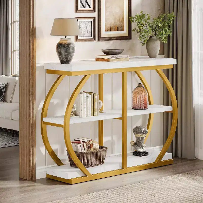 Lantine 41.3 Industrial 3-Tier Entryway Table with Arched Metal Frame and Storage Shelves