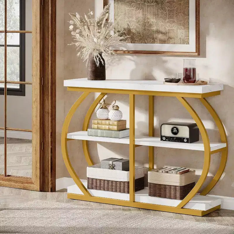 Lantine 41.3 Industrial 3-Tier Entryway Table with Arched Metal Frame and Storage Shelves