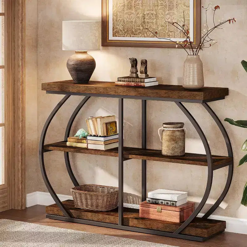 Lantine 41.3 Industrial 3-Tier Entryway Table with Arched Metal Frame and Storage Shelves