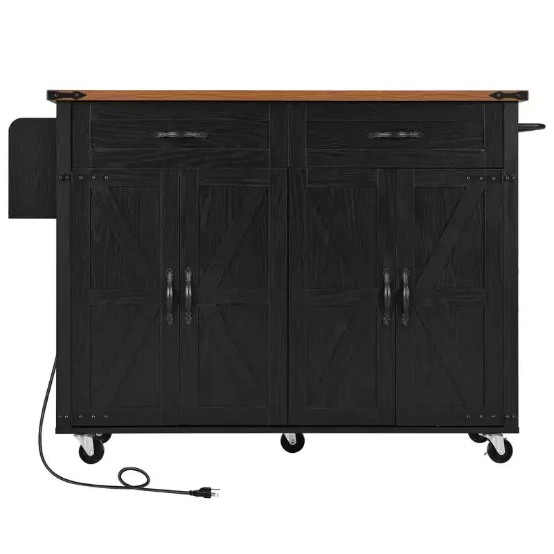 53.5 Black Farmhouse Kitchen Island with Drop Leaf, Rolling Kitchen Cart on Wheels for Home Kitchen Dining Room