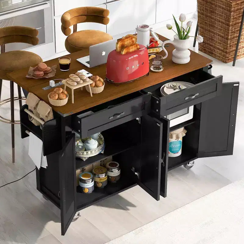 53.5 Black Farmhouse Kitchen Island with Drop Leaf, Rolling Kitchen Cart on Wheels for Home Kitchen Dining Room