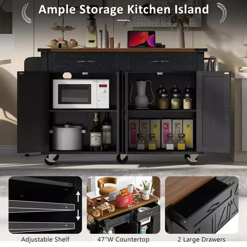53.5 Black Farmhouse Kitchen Island with Drop Leaf, Rolling Kitchen Cart on Wheels for Home Kitchen Dining Room