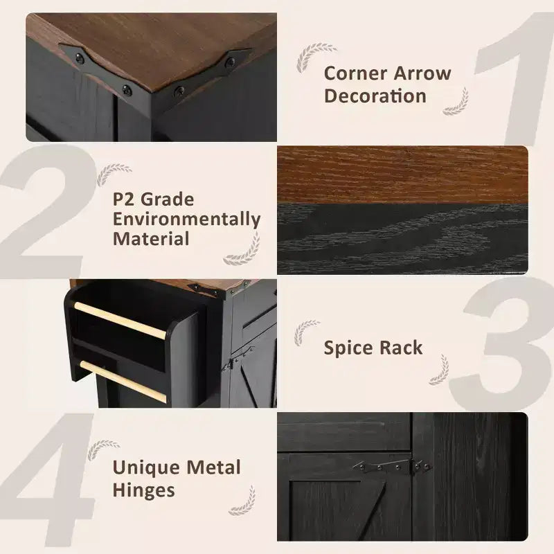 53.5 Black Farmhouse Kitchen Island with Drop Leaf, Rolling Kitchen Cart on Wheels for Home Kitchen Dining Room