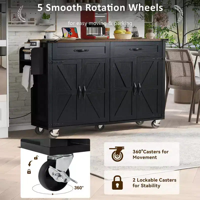 53.5 Black Farmhouse Kitchen Island with Drop Leaf, Rolling Kitchen Cart on Wheels for Home Kitchen Dining Room
