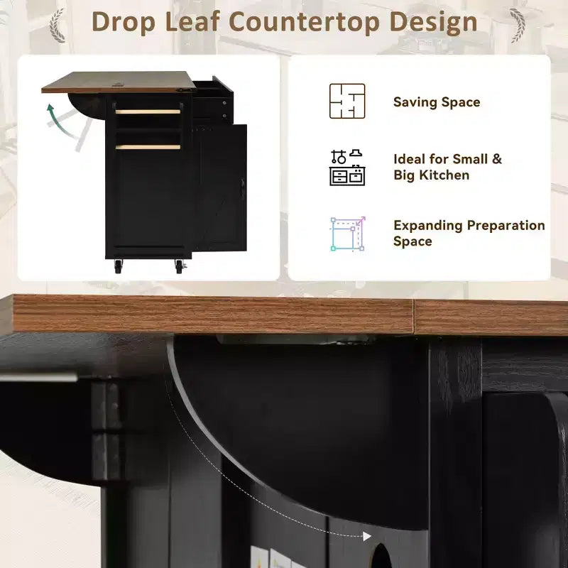 53.5 Black Farmhouse Kitchen Island with Drop Leaf, Rolling Kitchen Cart on Wheels for Home Kitchen Dining Room