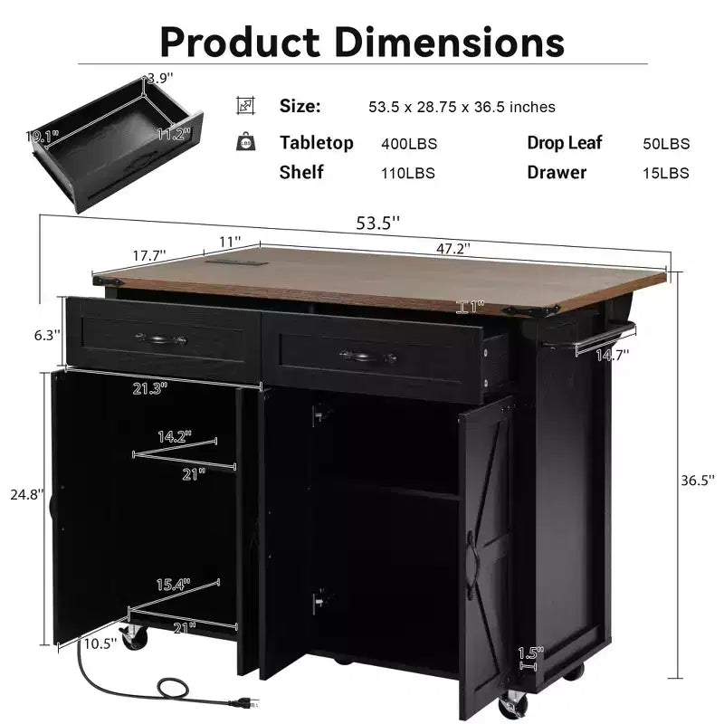53.5 Black Farmhouse Kitchen Island with Drop Leaf, Rolling Kitchen Cart on Wheels for Home Kitchen Dining Room