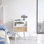 15.75 Rattan End table with Power Outlet & USB Ports , Modern nightstand with drawer and solid wood legs, side table for living room, bedroom, white