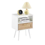 15.75 Rattan End table with Power Outlet & USB Ports , Modern nightstand with drawer and solid wood legs, side table for living room, bedroom, white