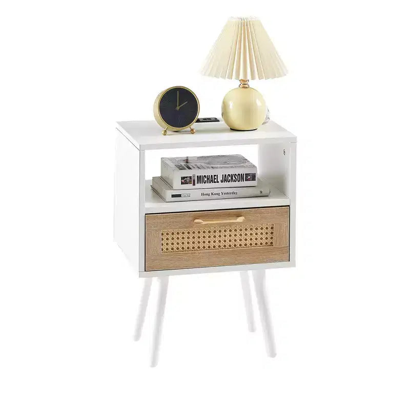 15.75 Rattan End table with Power Outlet & USB Ports , Modern nightstand with drawer and solid wood legs, side table for living room, bedroom, white