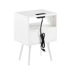 15.75 Rattan End table with Power Outlet & USB Ports , Modern nightstand with drawer and solid wood legs, side table for living room, bedroom, white