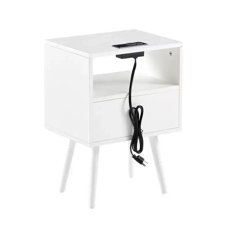 15.75 Rattan End table with Power Outlet & USB Ports , Modern nightstand with drawer and solid wood legs, side table for living room, bedroom, white