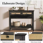Heynemo Rattan Console Table with Widened Tabletop & 2 Drawers, Sofa Table with Storage Shelf, for Living Room, Hallway, Entrywayish
