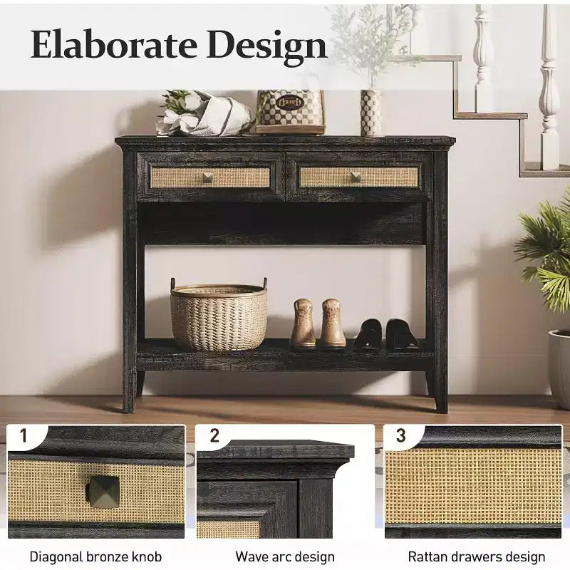 Heynemo Rattan Console Table with Widened Tabletop & 2 Drawers, Sofa Table with Storage Shelf, for Living Room, Hallway, Entrywayish