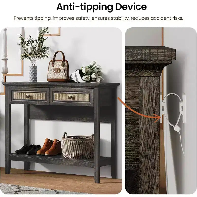 Heynemo Rattan Console Table with Widened Tabletop & 2 Drawers, Sofa Table with Storage Shelf, for Living Room, Hallway, Entrywayish