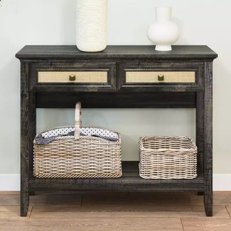 Heynemo Rattan Console Table with Widened Tabletop & 2 Drawers, Sofa Table with Storage Shelf, for Living Room, Hallway, Entrywayish