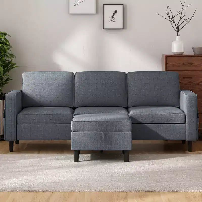 Mjkone Convertible Sectional Sofa Couch, Linen Fabric 3-Seat L-Shaped Sofa with Storage Ottoman