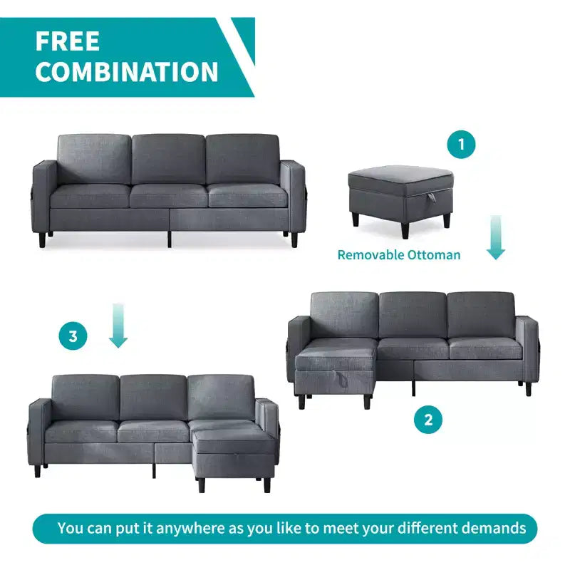 Mjkone Convertible Sectional Sofa Couch, Linen Fabric 3-Seat L-Shaped Sofa with Storage Ottoman