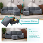 Mjkone Convertible Sectional Sofa Couch, Linen Fabric 3-Seat L-Shaped Sofa with Storage Ottoman