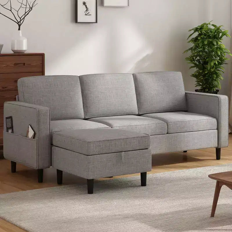 Mjkone Convertible Sectional Sofa Couch, Linen Fabric 3-Seat L-Shaped Sofa with Storage Ottoman