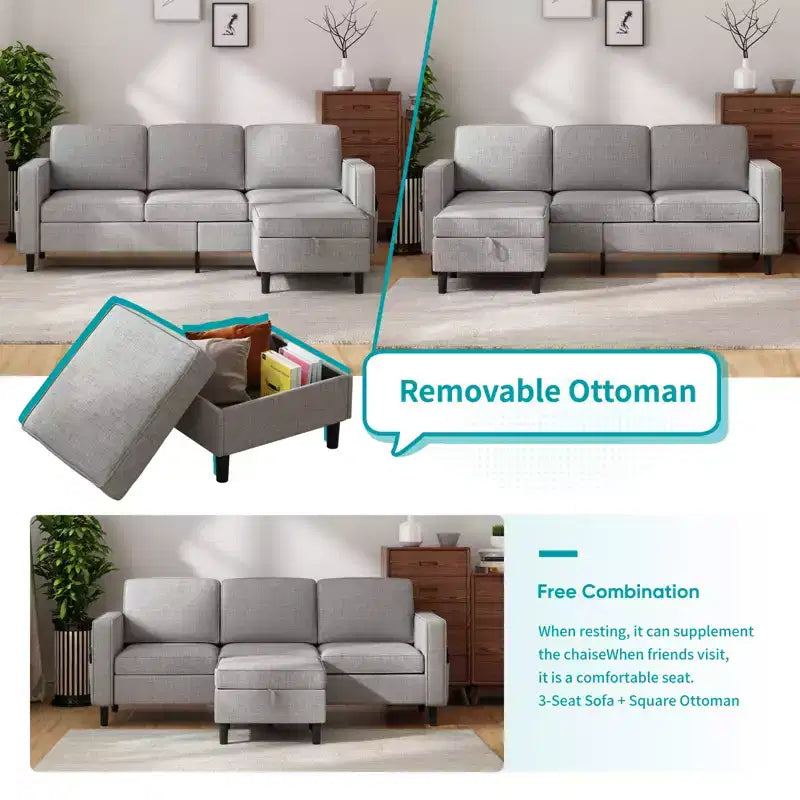 Mjkone Convertible Sectional Sofa Couch, Linen Fabric 3-Seat L-Shaped Sofa with Storage Ottoman
