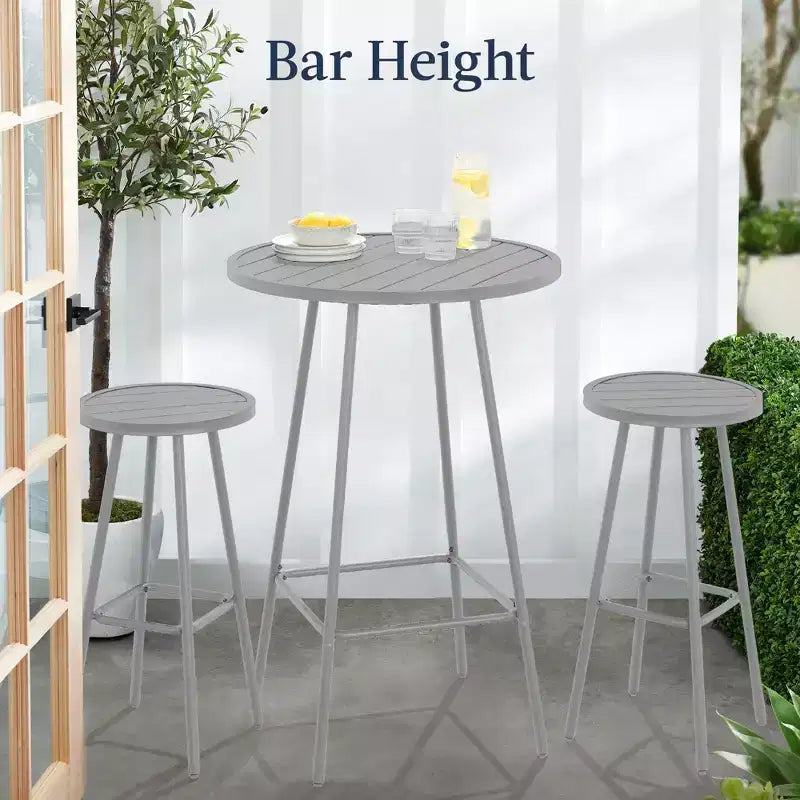 Best Choice Products 3-Piece Steel Patio Bar Height Round Bistro Set w/ Backless Stools, Slatted Design