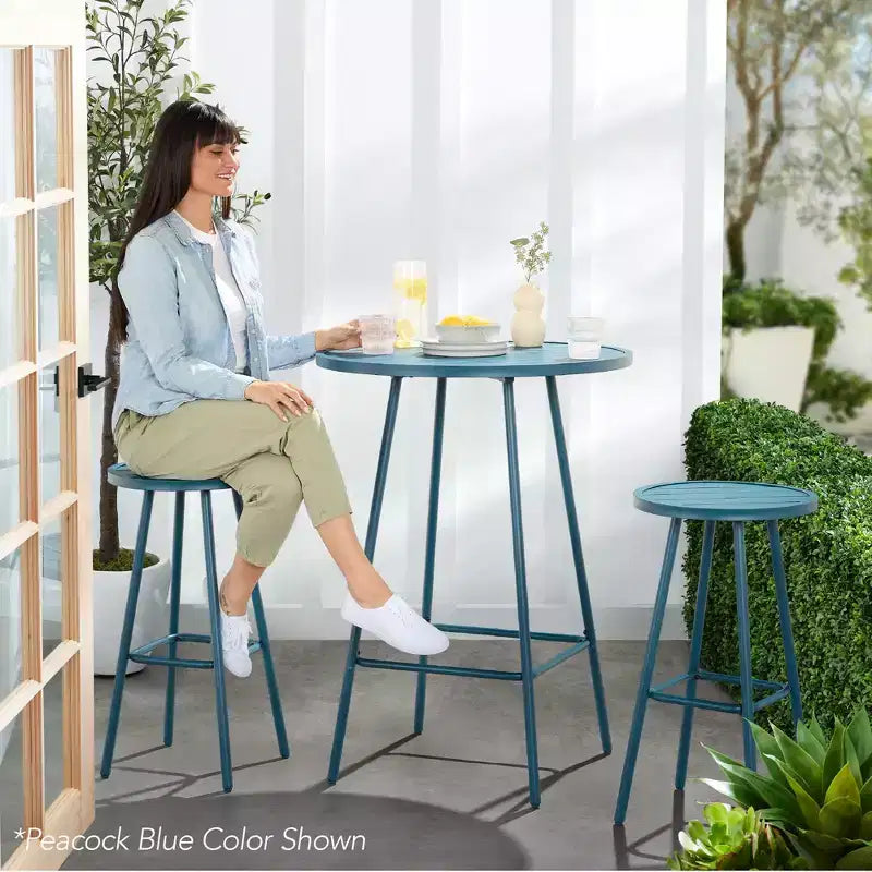 Best Choice Products 3-Piece Steel Patio Bar Height Round Bistro Set w/ Backless Stools, Slatted Design