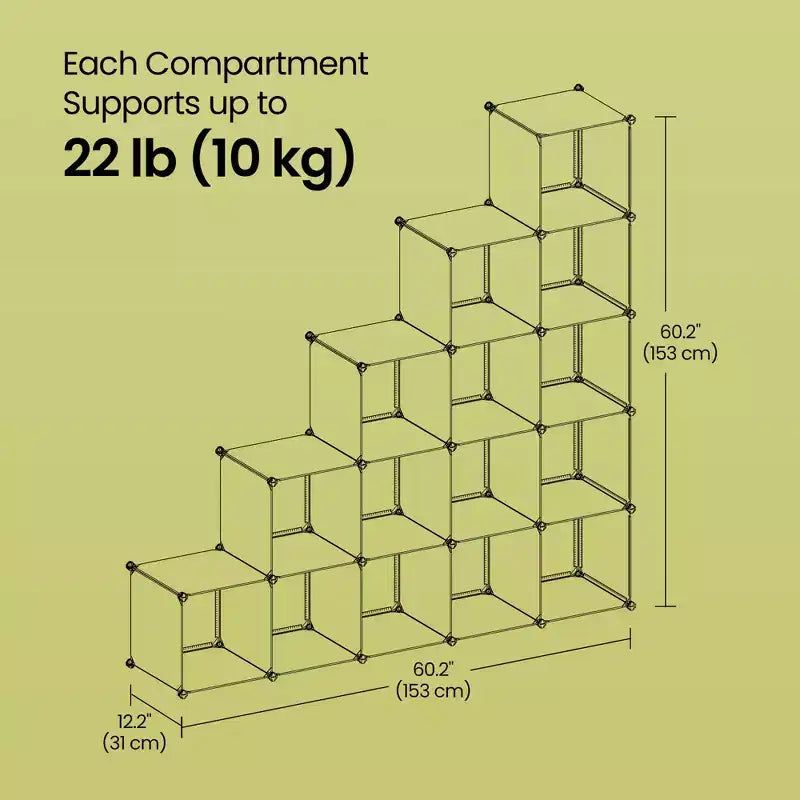 Cube Storage Organizer, Set of 16 Plastic Cubes, Cube Shelf, Book Shelf, Closet Organizers and Storage, Room Organization, 12.2 x 48.4 x 48.4 Inches